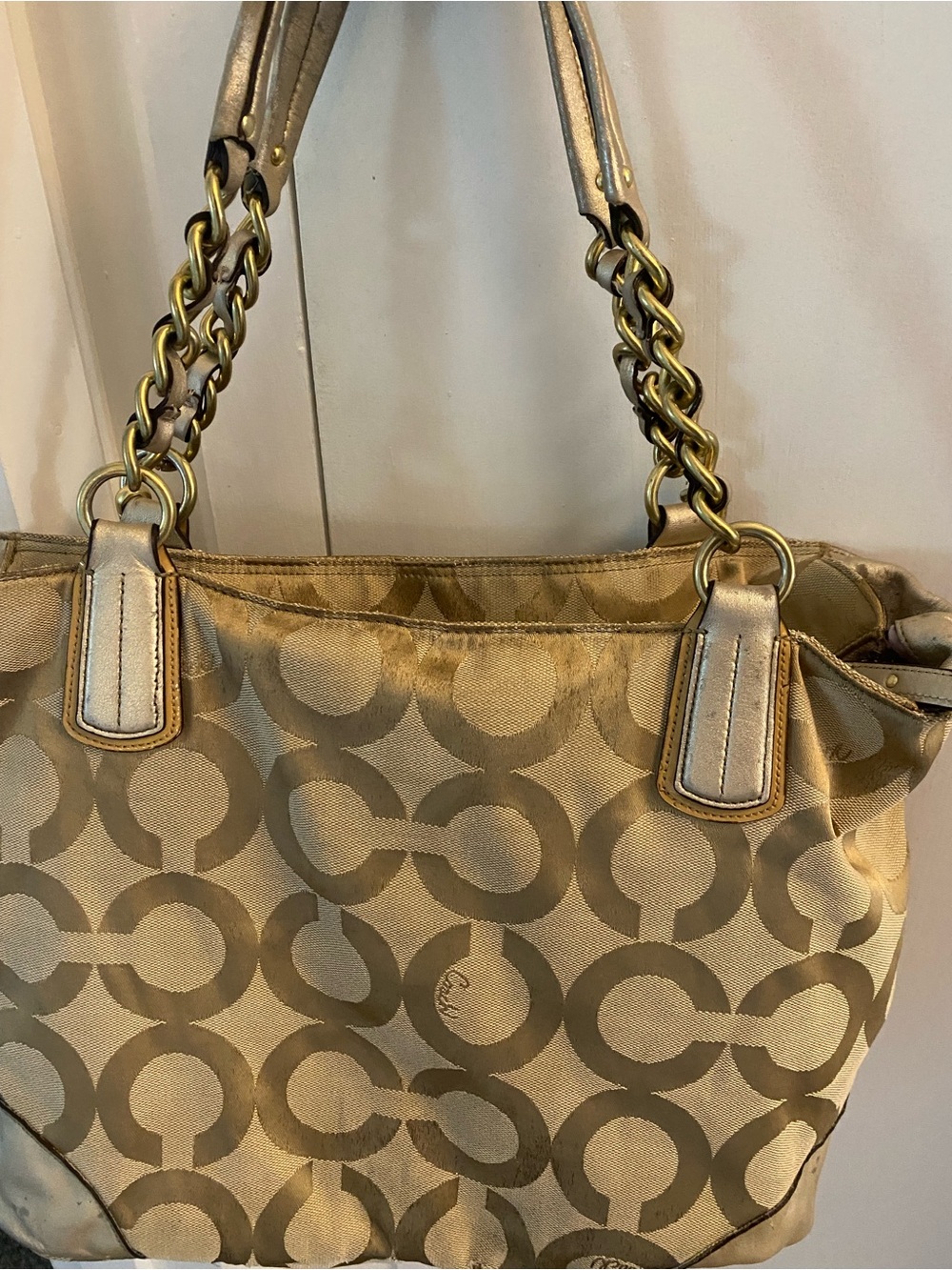 Coach Large Logo Tan Shoulder Purse Used - Picture 2 of 16